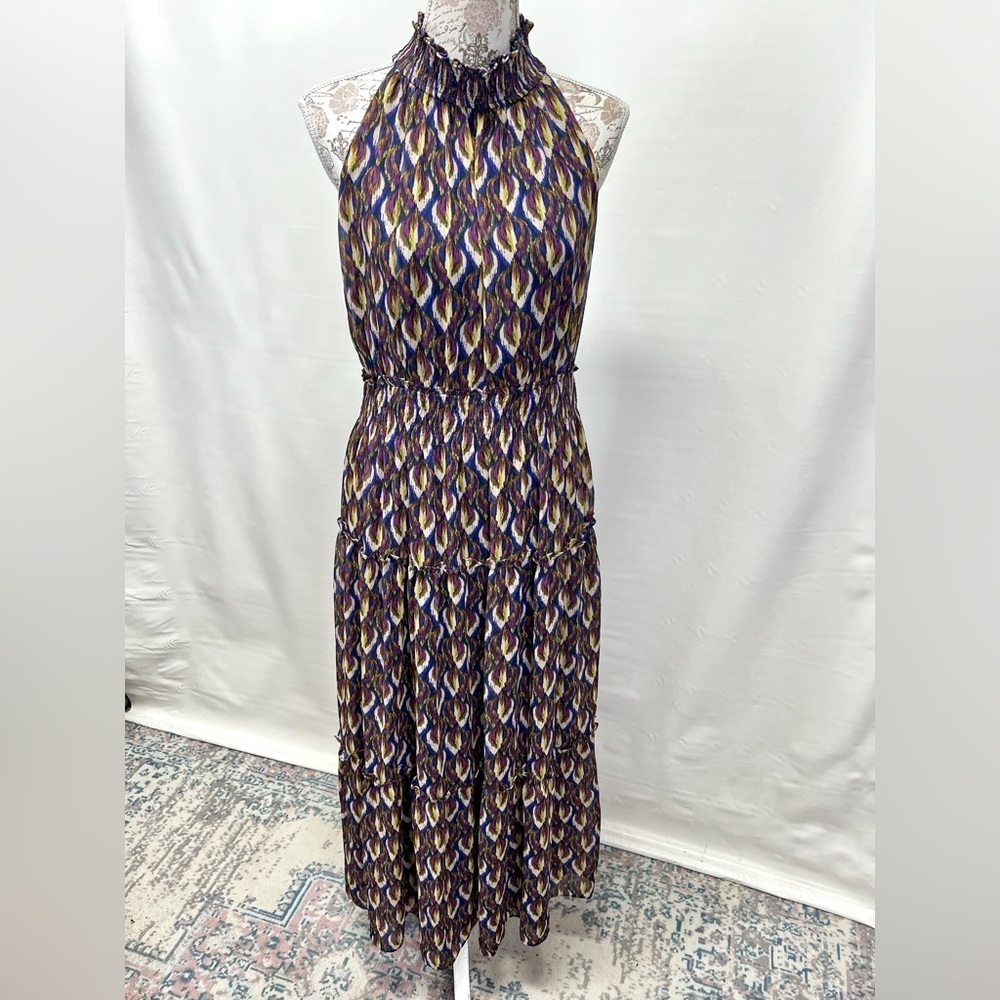 TAYLOR Navy/violet multi halter neck chiffon tiered dress size 8. - Picture 10 of 14